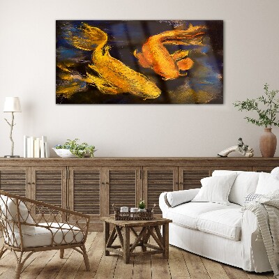 Golden fish in water dance Glass art print