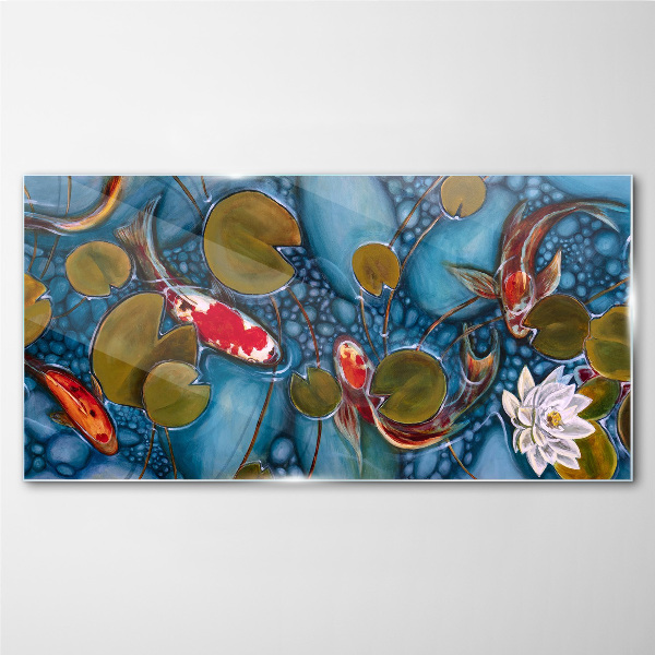 Koi among the water lilies Wall art on glass