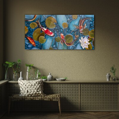 Koi among the water lilies Wall art on glass