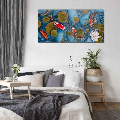 Koi among the water lilies Wall art on glass