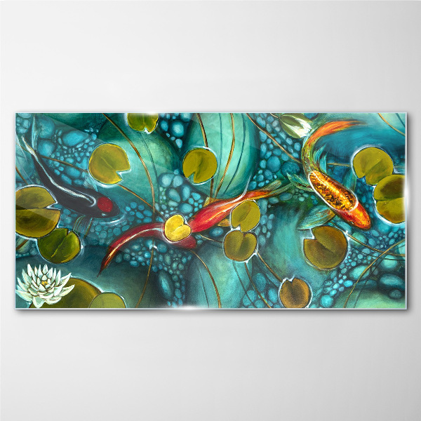 Water reflections with fish and lilies Glass art print