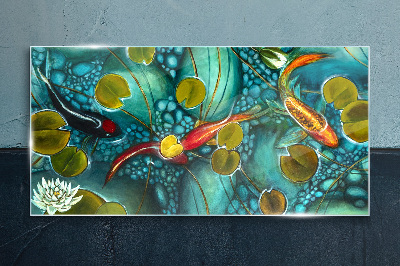 Water reflections with fish and lilies Glass art print
