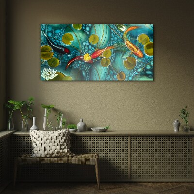 Water reflections with fish and lilies Glass art print