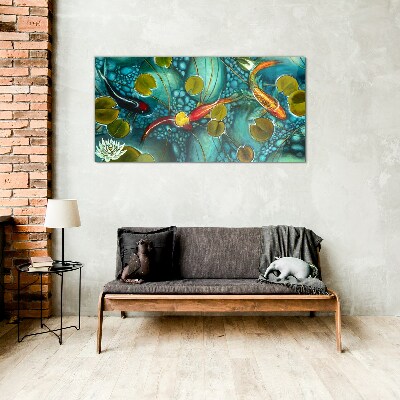 Water reflections with fish and lilies Glass art print