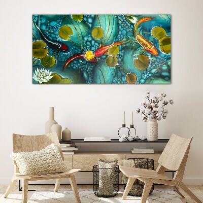 Water reflections with fish and lilies Glass art print