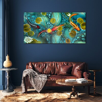 Water reflections with fish and lilies Glass art print