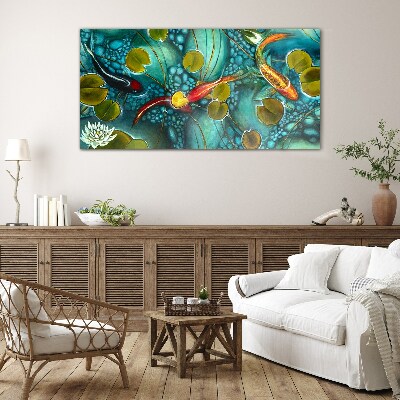 Water reflections with fish and lilies Glass art print