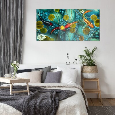 Water reflections with fish and lilies Glass art print