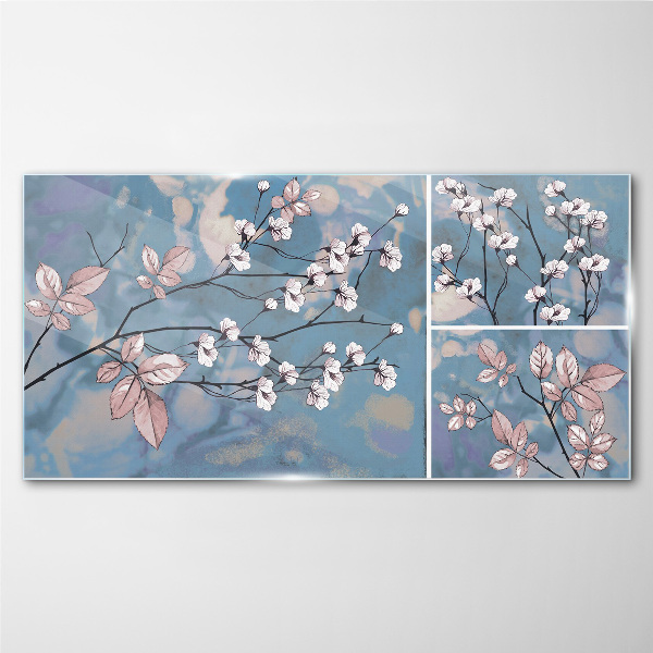 Floral branches on a blue background Glass art print