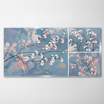 Floral branches on a blue background Glass art print