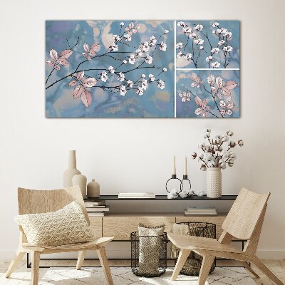 Floral branches on a blue background Glass art print