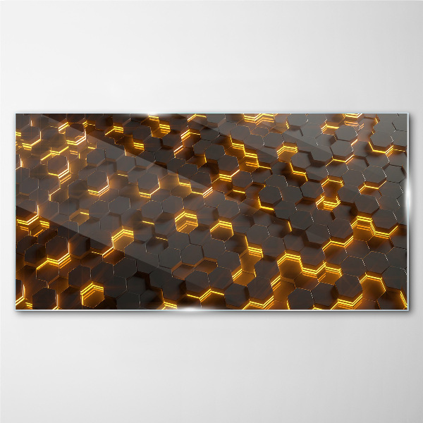 Golden hexagons in motion Wall art on glass
