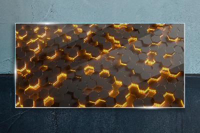 Golden hexagons in motion Wall art on glass