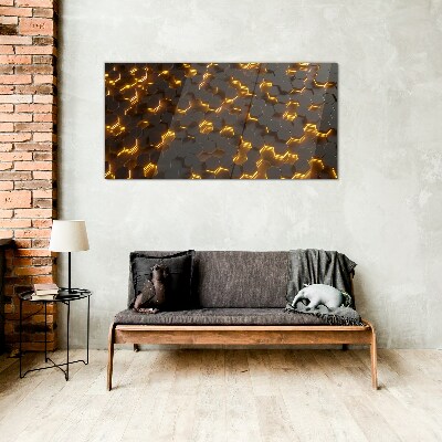 Golden hexagons in motion Wall art on glass