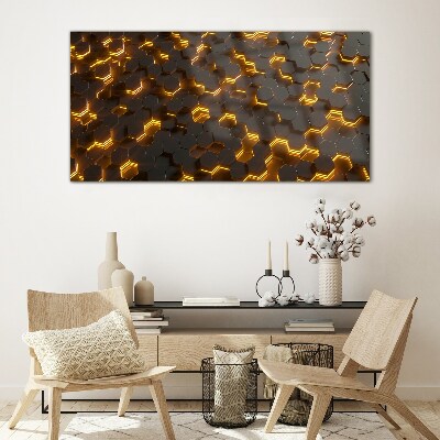 Golden hexagons in motion Wall art on glass
