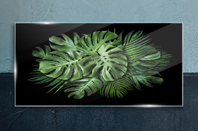 Tropical green on black background Glass art print