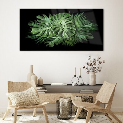 Tropical green on black background Glass art print