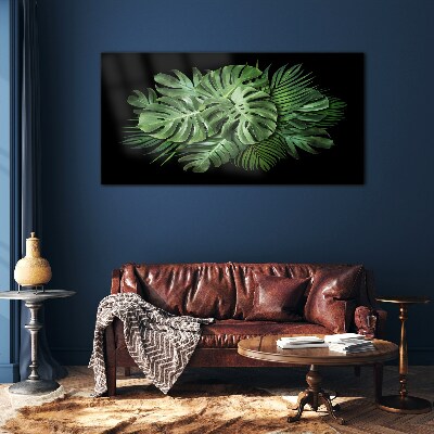 Tropical green on black background Glass art print