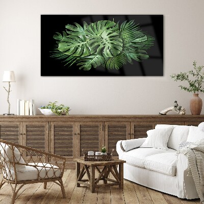 Tropical green on black background Glass art print