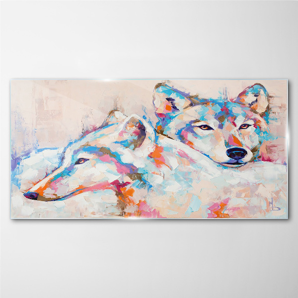 Colorful wolves in pastel tones Wall art on glass