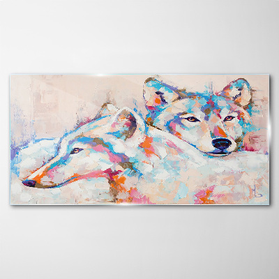 Colorful wolves in pastel tones Wall art on glass