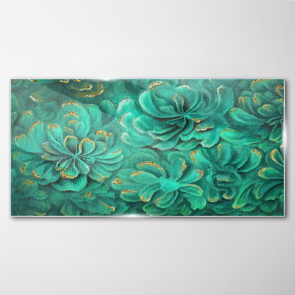 Green flowers with gold accents Wall art on glass