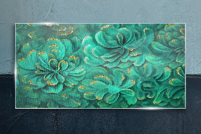 Green flowers with gold accents Wall art on glass