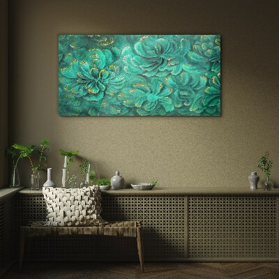 Green flowers with gold accents Wall art on glass