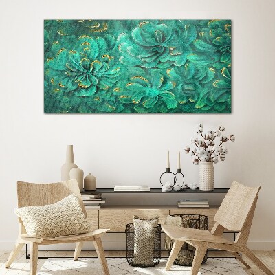Green flowers with gold accents Wall art on glass