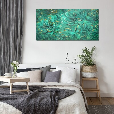 Green flowers with gold accents Wall art on glass