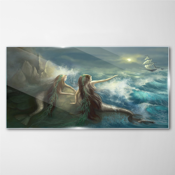 Mermaids on the seashore Wall art on glass