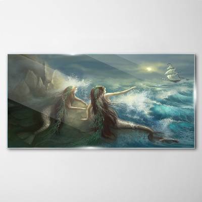 Mermaids on the seashore Wall art on glass