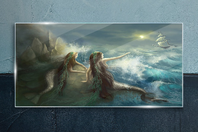 Mermaids on the seashore Wall art on glass