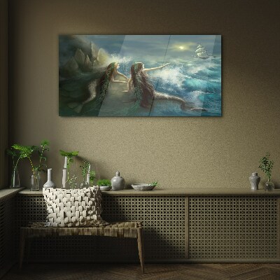 Mermaids on the seashore Wall art on glass
