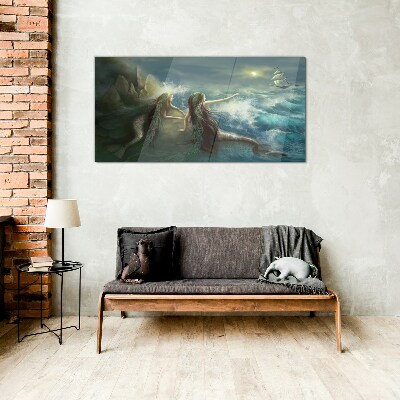 Mermaids on the seashore Wall art on glass