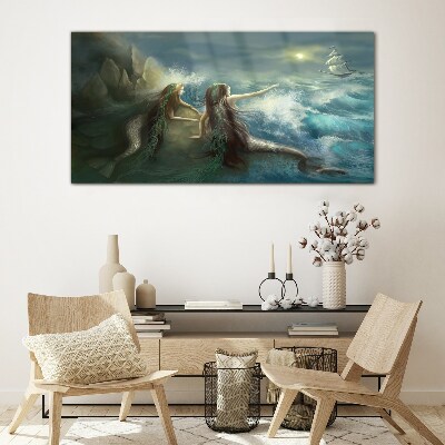 Mermaids on the seashore Wall art on glass