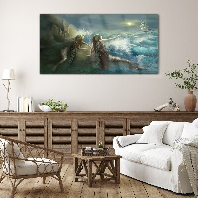 Mermaids on the seashore Wall art on glass