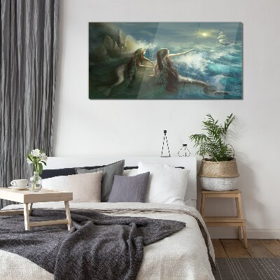 Mermaids on the seashore Wall art on glass