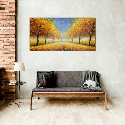 Golden avenue in autumn aura Wall art on glass