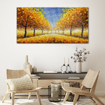 Golden avenue in autumn aura Wall art on glass