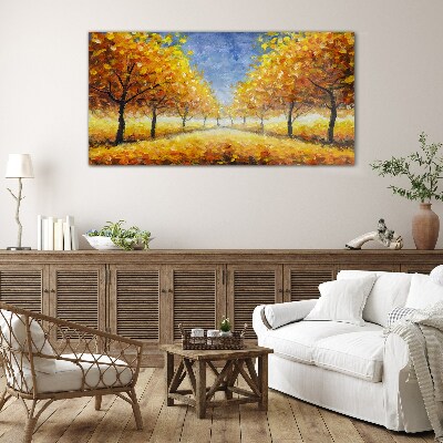Golden avenue in autumn aura Wall art on glass