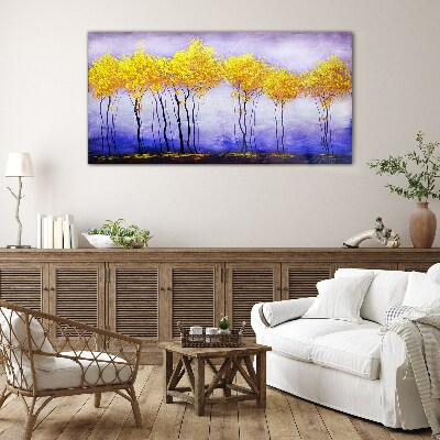 Golden trees in a purple landscape Wall art on glass