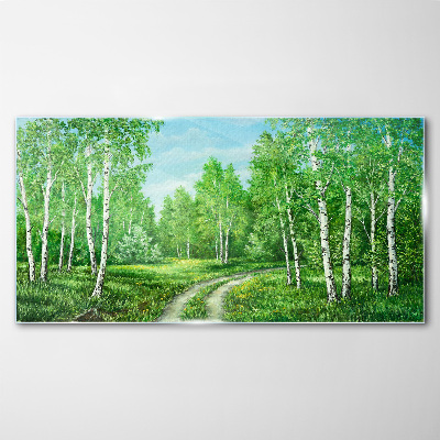 Green forest with white birches Glass art print
