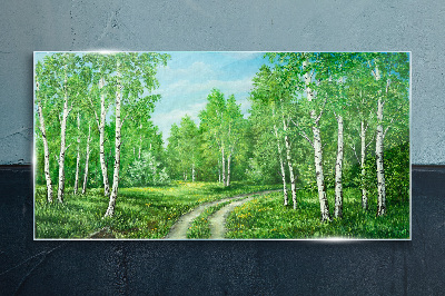 Green forest with white birches Glass art print