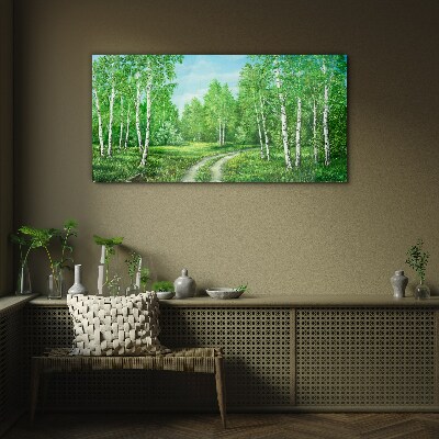 Green forest with white birches Glass art print