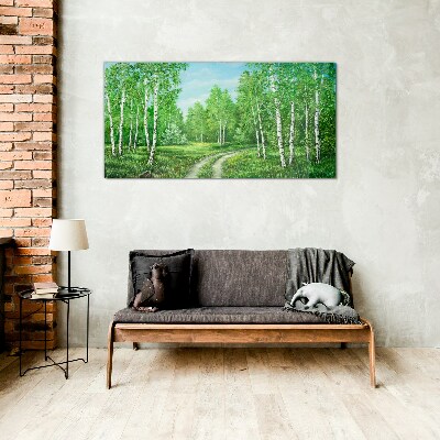 Green forest with white birches Glass art print