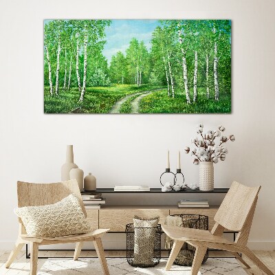 Green forest with white birches Glass art print