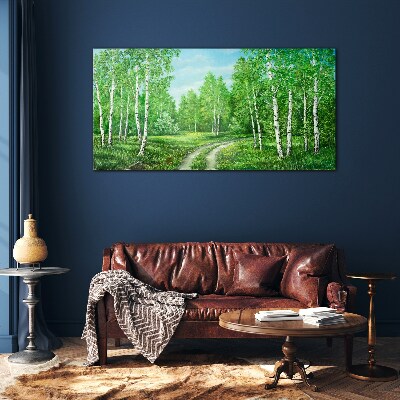 Green forest with white birches Glass art print