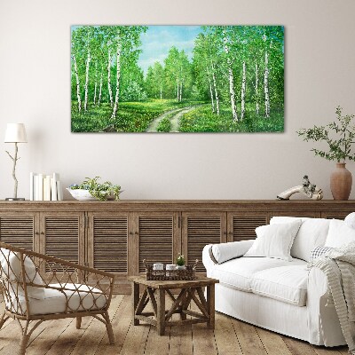 Green forest with white birches Glass art print