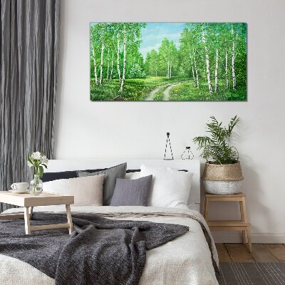 Green forest with white birches Glass art print
